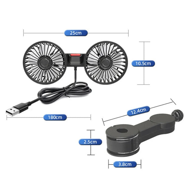 Portable Dual-Head Car Seat Cooling Fan – 360° Adjustable USB Electric Fan for Backseat, Kids